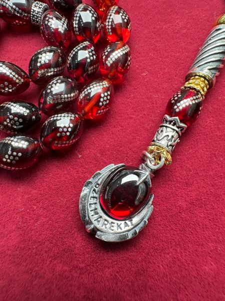 Beyzi Model Gümüş İşlemeli Ateş Kehribar Tesbih