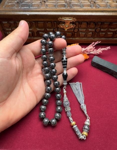 Küre Model Gümüş İşlemeli Erzurum Oltu Taşı Tesbih