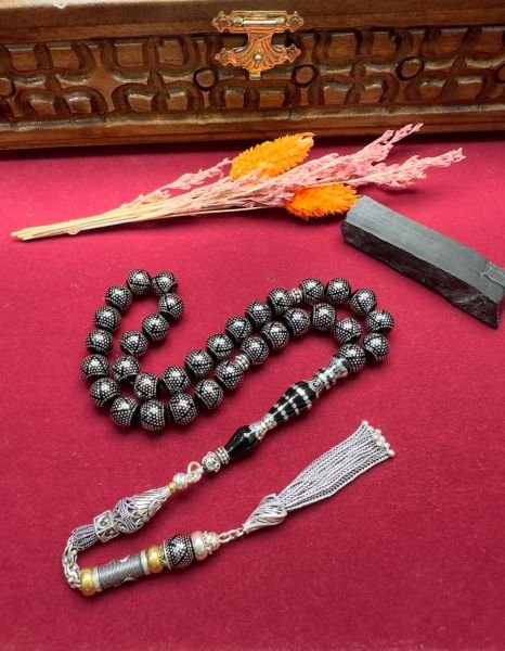 Küre Model Gümüş İşlemeli Erzurum Oltu Taşı Tesbih