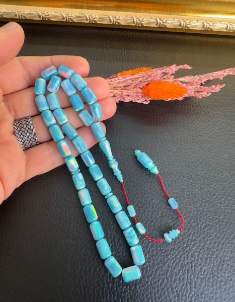 Kapsül Model Mavi Renk Sentetik Opal Tesbih ve Gümüş Set