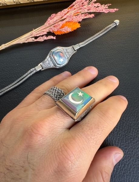 Kapsül Model Mavi Renk Sentetik Opal Tesbih ve Gümüş Set