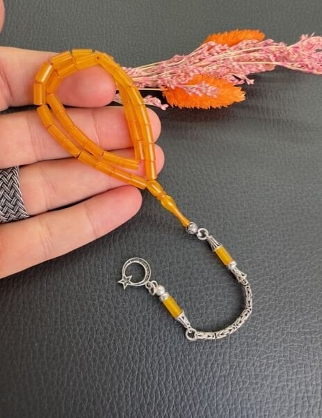 Kesme Model Sarı Renk Dörtparmak Sıkma Kehribar Tesbih