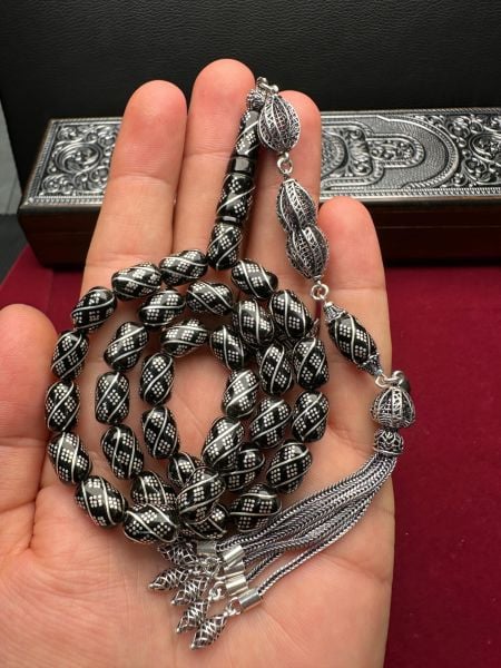 Kapsül Model Gümüş İşlemeli Erzurum Oltu Taşı Tesbih