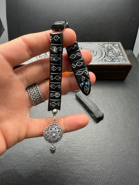 Gümüş İşlemeli Erzurum Oltu Taşı Balık Tesbih