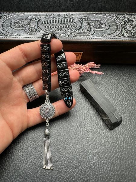 Gümüş İşlemeli Erzurum Oltu Taşı Balık Tesbih