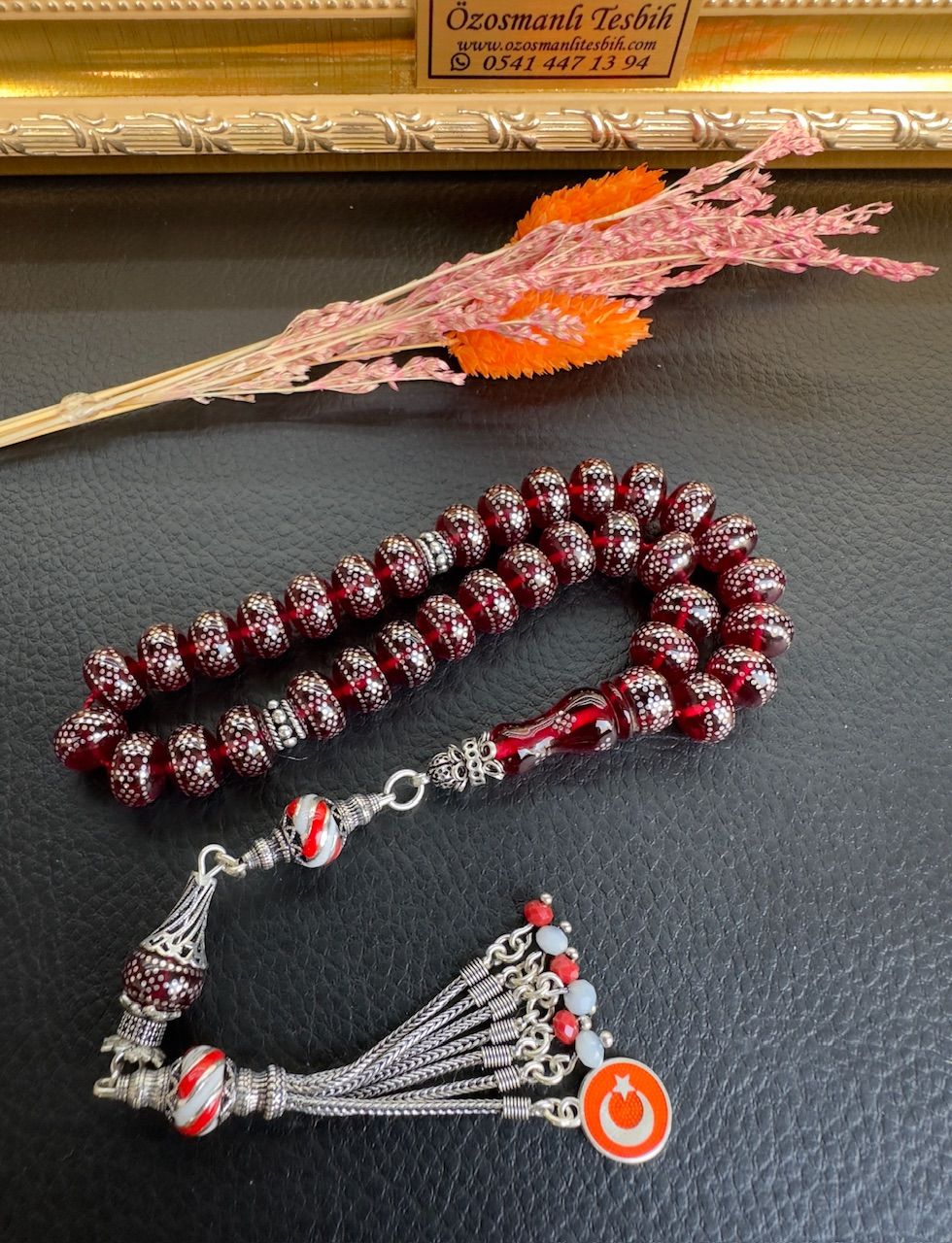 Basık Model Gümüş İşlemeli Ateş Kehribar Tesbih