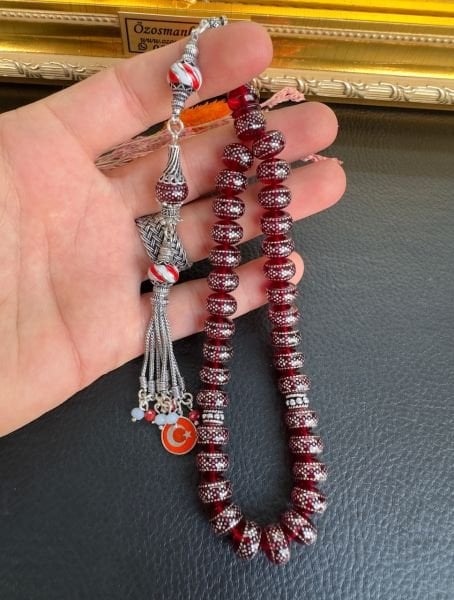 Basık Model Gümüş İşlemeli Ateş Kehribar Tesbih