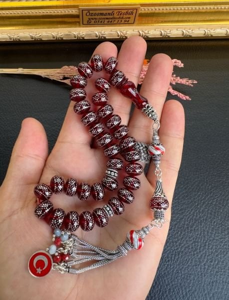 Basık Model Gümüş İşlemeli Ateş Kehribar Tesbih