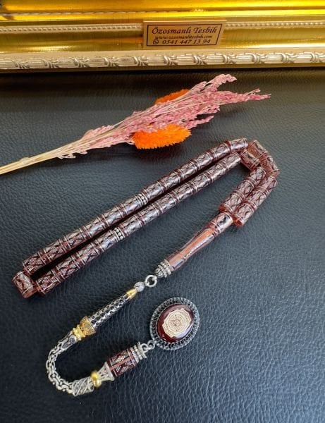 Kesme Model Gümüş İşlemeli Ateş Kehribar Tesbih