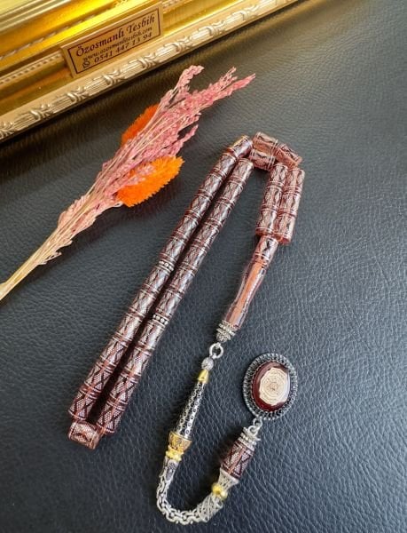 Kesme Model Gümüş İşlemeli Ateş Kehribar Tesbih