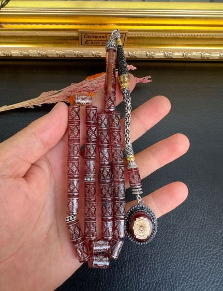 Kesme Model Gümüş İşlemeli Ateş Kehribar Tesbih