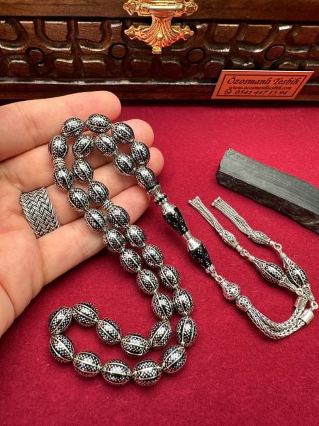 Nakkaş İmame Dizayn Beyzi Model Gümüş İşlemeli Erzurum Oltu Taşı Tesbih