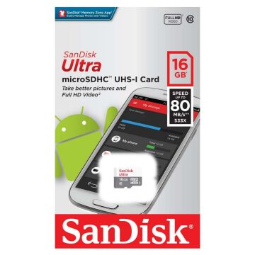 Sandisk Ultra 16GB 80mb/s MicroSDHC Hafıza Kartı
