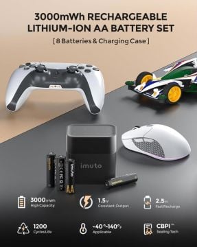 Imuto 3000mWh AA & 1300mWh AAA Lityum Şarjlı Pil Seti (4+4) Yuvalı Şarj Ünitesi