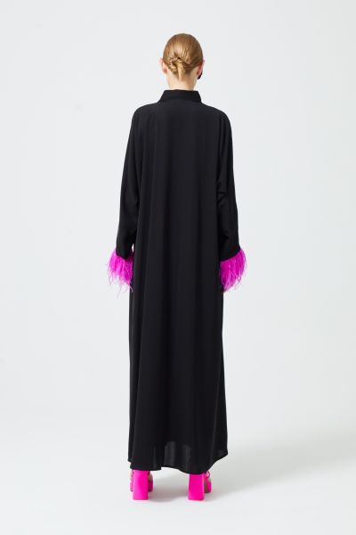 Abaya Kuş Tüylü Siyah-Fuşya
