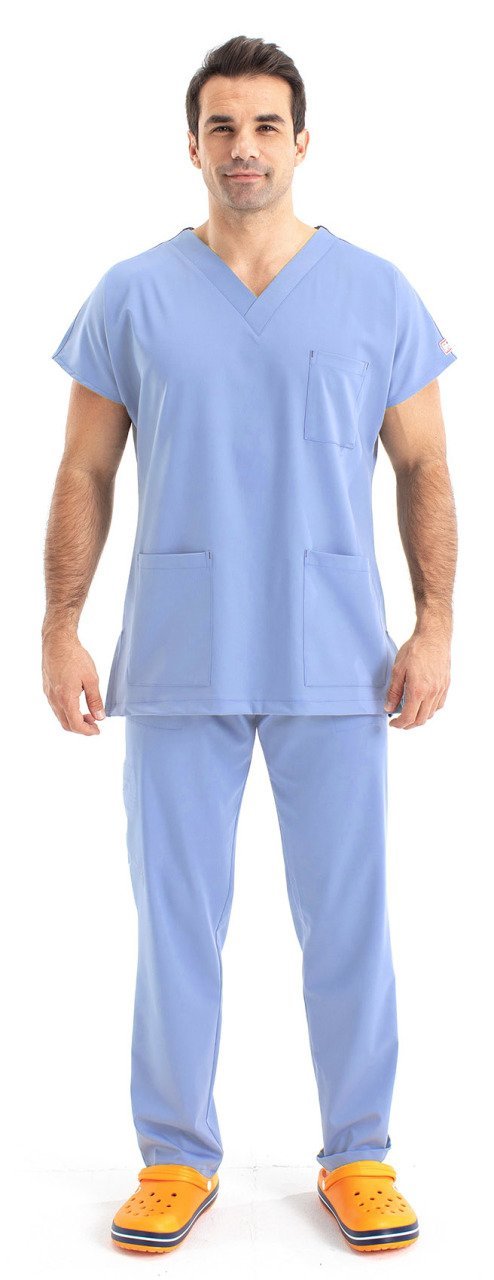 Erkek Açık Mavi Doktor Scrubs Forma Siyah Şeritli