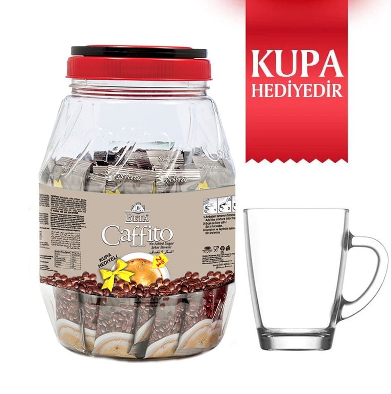 Beta Caffıto 2'si 1 Arada Classic Kahve 36 x 14 gram, CAM KUPA Hediyeli, Pet Kavanoz Ambalajda