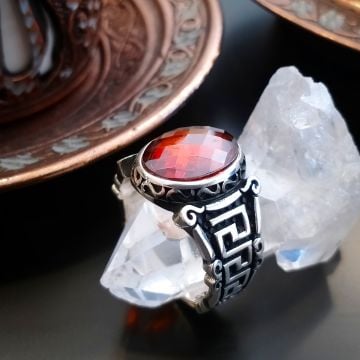 Kırmızı Taşlı Antik Maya Tasarım Erkek Gümüş Yüzük