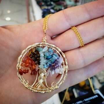 Çakra Taşlı Örme Tasarımlı Hayat Ağacı Kolye