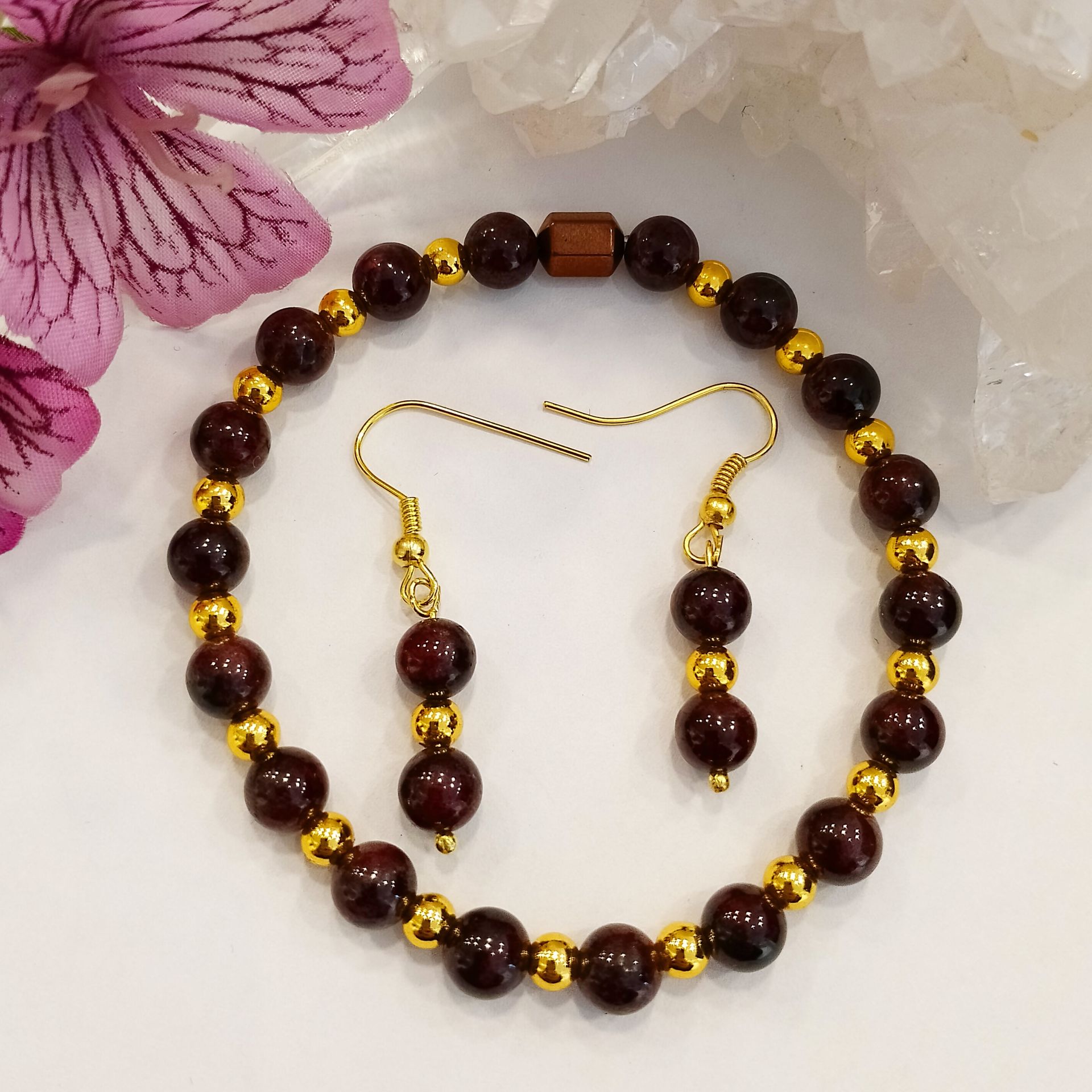 Lal (Garnet) ve Hematit Taşı Doğaltaş Bileklik ve Küpe
