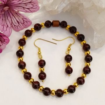 Lal (Garnet) ve Hematit Taşı Doğaltaş Bileklik ve Küpe