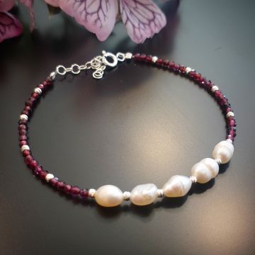 Lal (Garnet,Granat) ve İnci Taşı Gümüş Bileklik