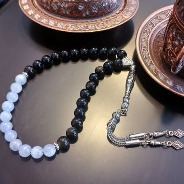 Mavi Kalsedon ve Obsidyen Tasarım Doğal Taş 33 lük Tesbih