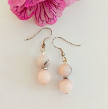 Pembe Opal ve Hematit Taşlı Tasarım Doğal Taş Küpe