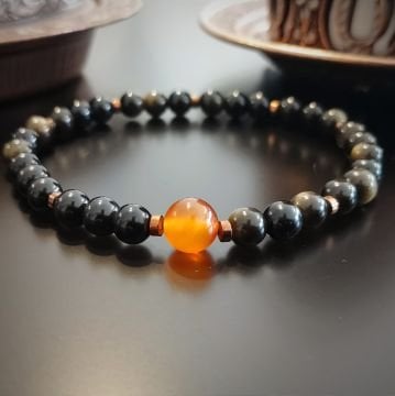 Gold Obsidyen, Akik ve Hematit Tasarım Doğal Taş Bileklik