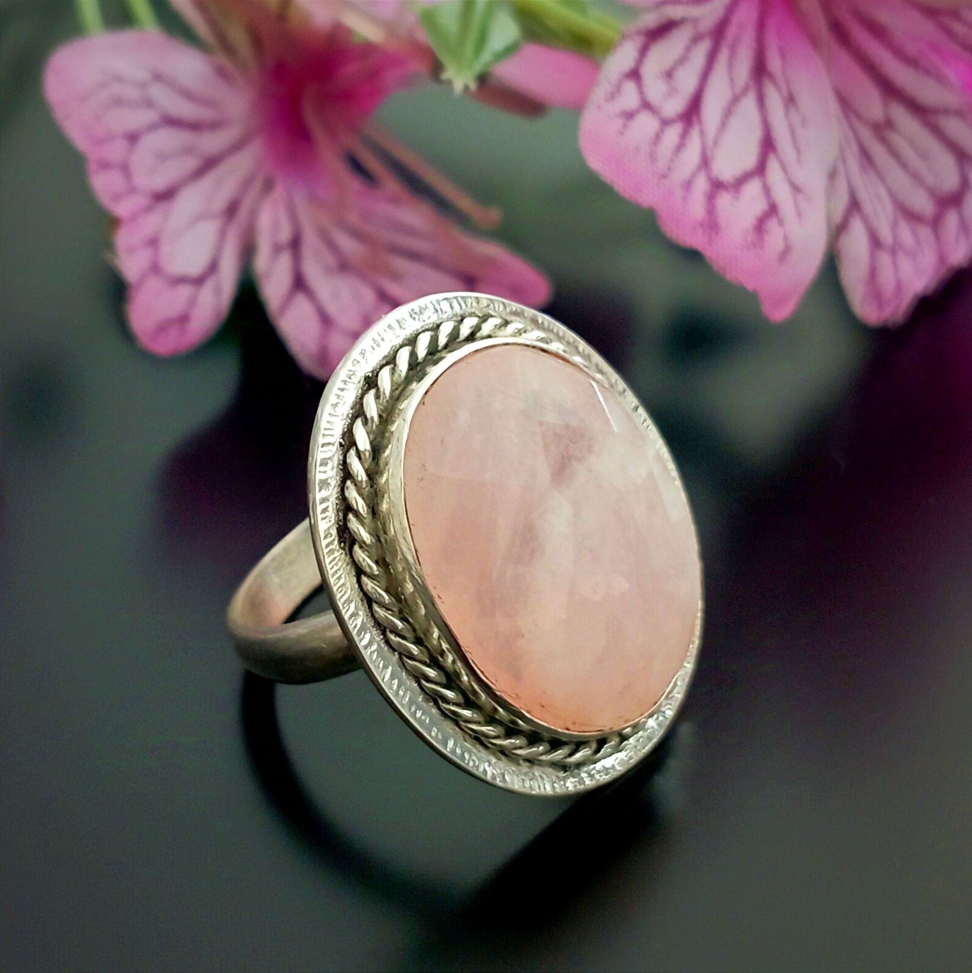 Pembe Kuvars Tasarım Gümüş Yüzük