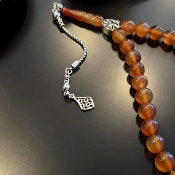 925 Ayar Gümüş Püsküllü 33 lük Akik Taşı Tesbih