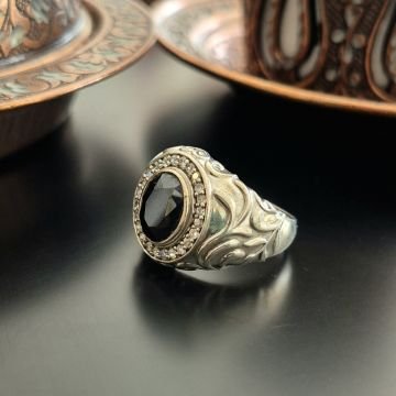 Siyah Taşlı Tasarım Erkek Gümüş Yüzük