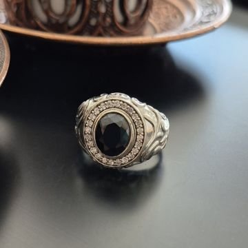 Siyah Taşlı Tasarım Erkek Gümüş Yüzük