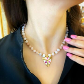 Pembe Opal ve Hematit Taşı Miyuki Tasarım Kolye