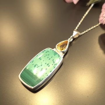 Malahit ve Sitrin Taşlı Tasarım Gümüş Kolye