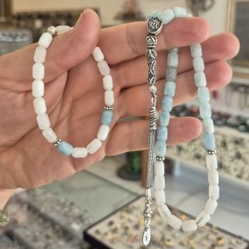 Kapsül Kesim Akuamarin ve Aytaşı Doğal Taş Gümüş Tesbih ve Bileklik Set