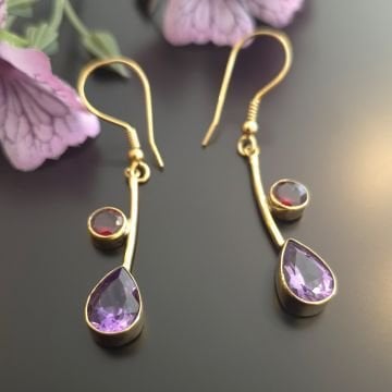 Ametist ve Lal (Garnet) Taşı Tasarım Gümüş Küpe