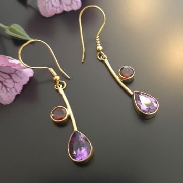 Ametist ve Lal (Garnet) Taşı Tasarım Gümüş Küpe