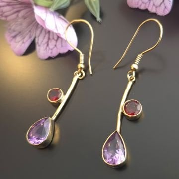 Ametist ve Lal (Garnet) Taşı Tasarım Gümüş Küpe