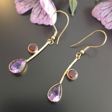 Ametist ve Lal (Garnet) Taşı Tasarım Gümüş Küpe