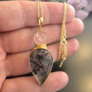 Rutilli Kuvars ve Pembe Kuvars Taşlı Tasarım Gümüş Kolye