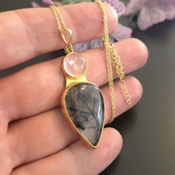 Rutilli Kuvars ve Pembe Kuvars Taşlı Tasarım Gümüş Kolye