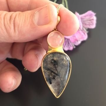 Rutilli Kuvars ve Pembe Kuvars Taşlı Tasarım Gümüş Kolye
