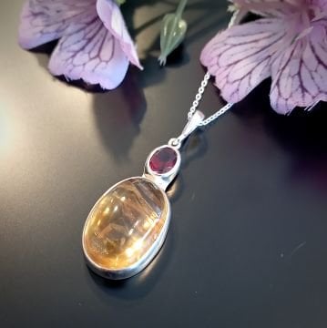 Sitrin ve Lal (Garnet) Taşlı Tasarım Gümüş Kolye
