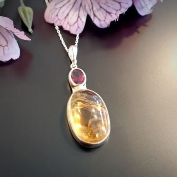 Sitrin ve Lal (Garnet) Taşlı Tasarım Gümüş Kolye