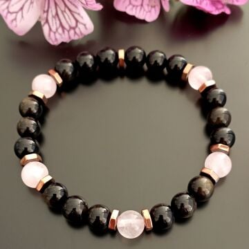 Gold Obsidyen, Pembe Kuvars ve Hematit Doğal Taş Bileklik