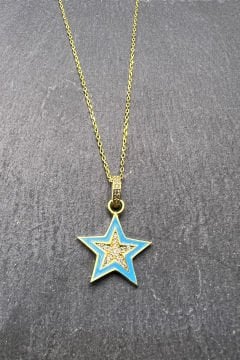 Mavi Yıldız Desenli Gümüş Kolye By-5921