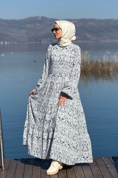 Pınar Gri Desenli Elbise