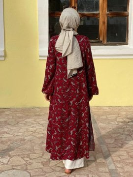 Bordo Şal Desenli Kumsal Tunik