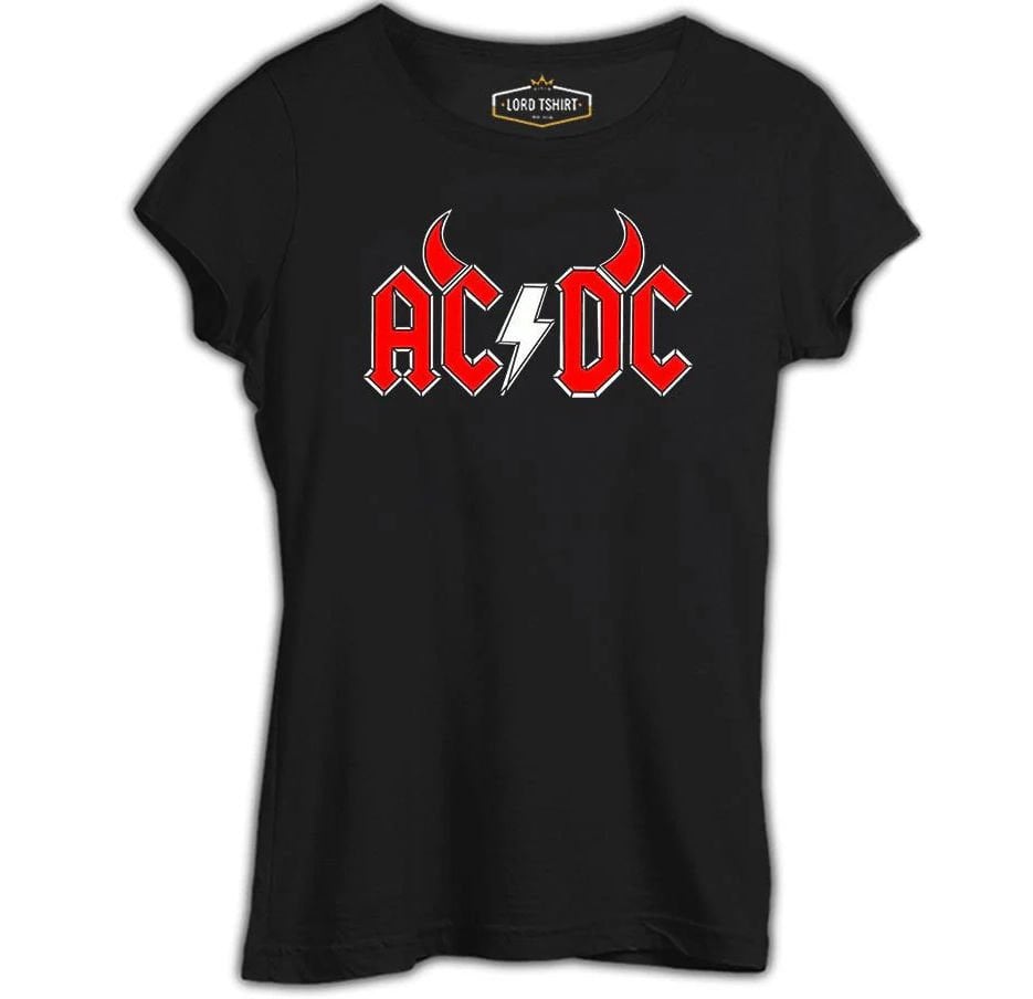 AC DC - Demon Fire Logo Siyah Kadın Tişört XS